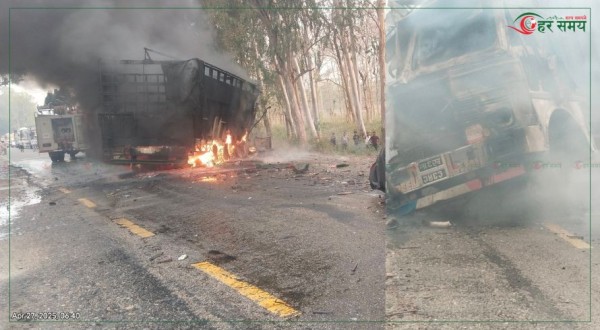 मालबाहक ट्रक एकआपसमा ठेक्किएर आगलागी, चालक र सहचालक घाइते